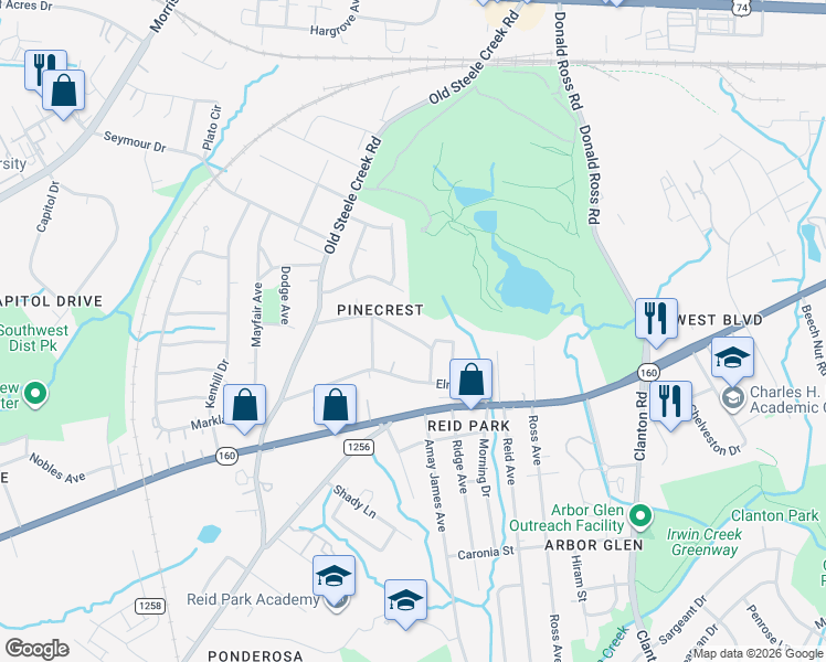 map of restaurants, bars, coffee shops, grocery stores, and more near 2562 Hemphill Street in Charlotte
