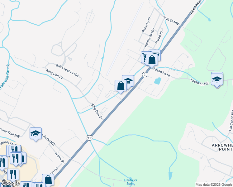 map of restaurants, bars, coffee shops, grocery stores, and more near 4921 North Lee Highway in Cleveland