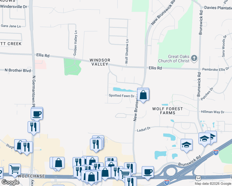 map of restaurants, bars, coffee shops, grocery stores, and more near 8458 Spotted Fawn Drive in Memphis