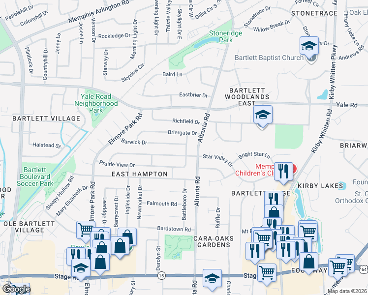 map of restaurants, bars, coffee shops, grocery stores, and more near 3236 Laurel Creek Road in Bartlett