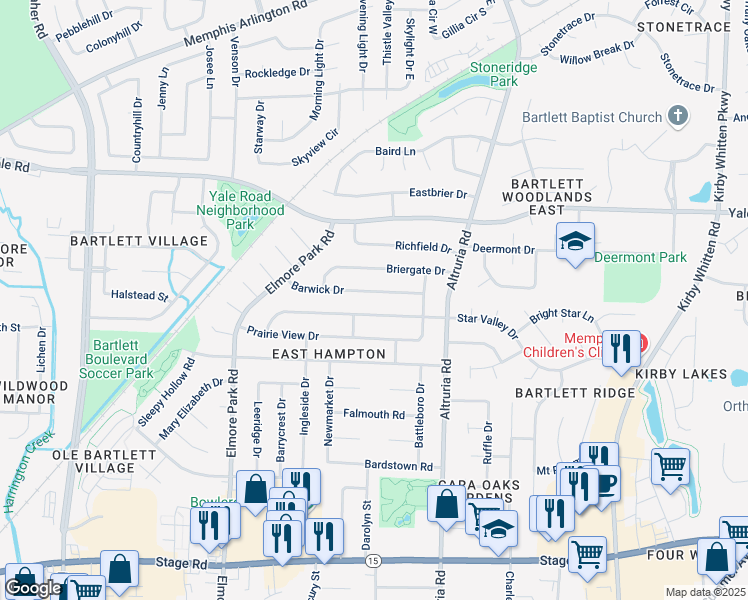 map of restaurants, bars, coffee shops, grocery stores, and more near 6353 Barwick Drive in Bartlett