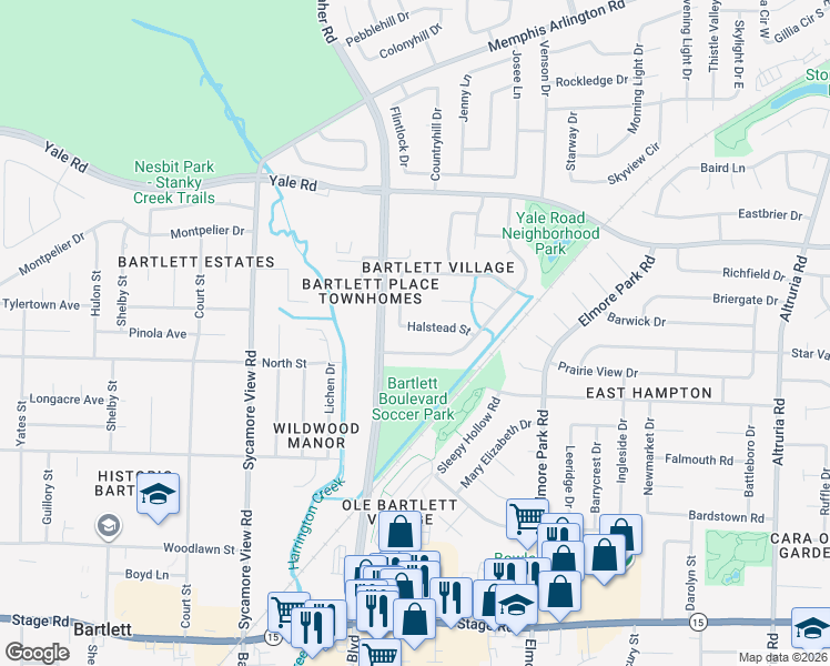 map of restaurants, bars, coffee shops, grocery stores, and more near 6037 Halstead Street in Bartlett