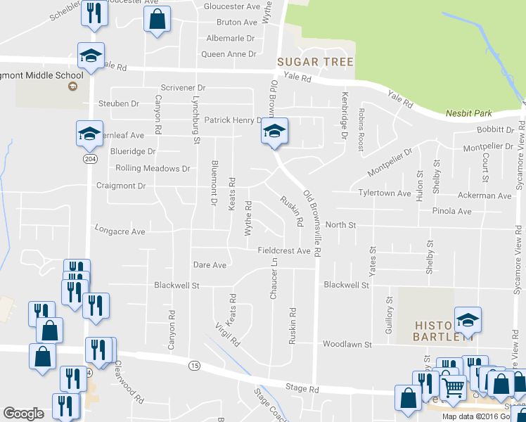 map of restaurants, bars, coffee shops, grocery stores, and more near 3232 Wythe Road in Memphis