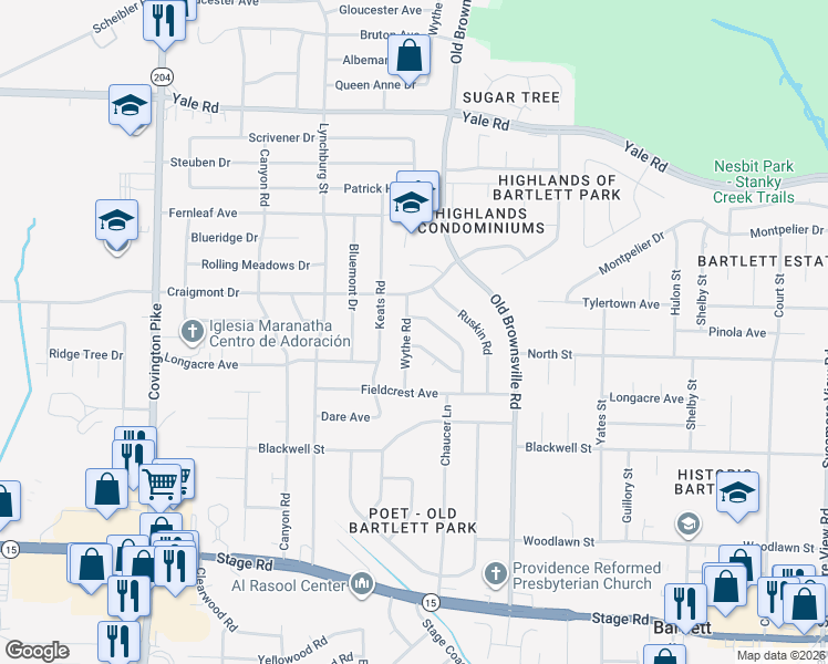 map of restaurants, bars, coffee shops, grocery stores, and more near 3232 Wythe Road in Memphis