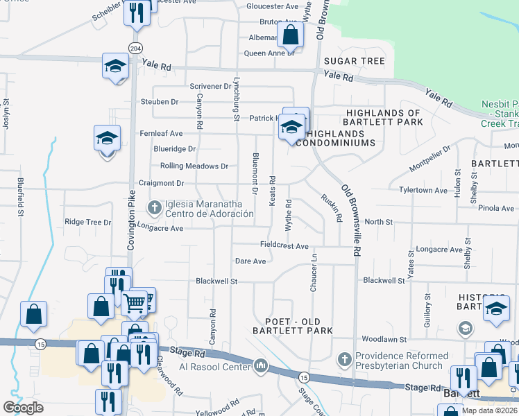 map of restaurants, bars, coffee shops, grocery stores, and more near 3233 Keats Road in Memphis