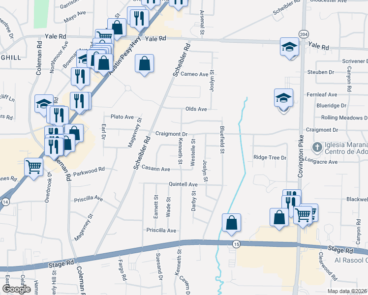 map of restaurants, bars, coffee shops, grocery stores, and more near 3233 Westelle Street in Memphis