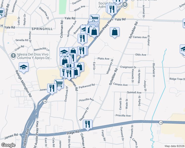 map of restaurants, bars, coffee shops, grocery stores, and more near 3250 Earl Drive in Memphis
