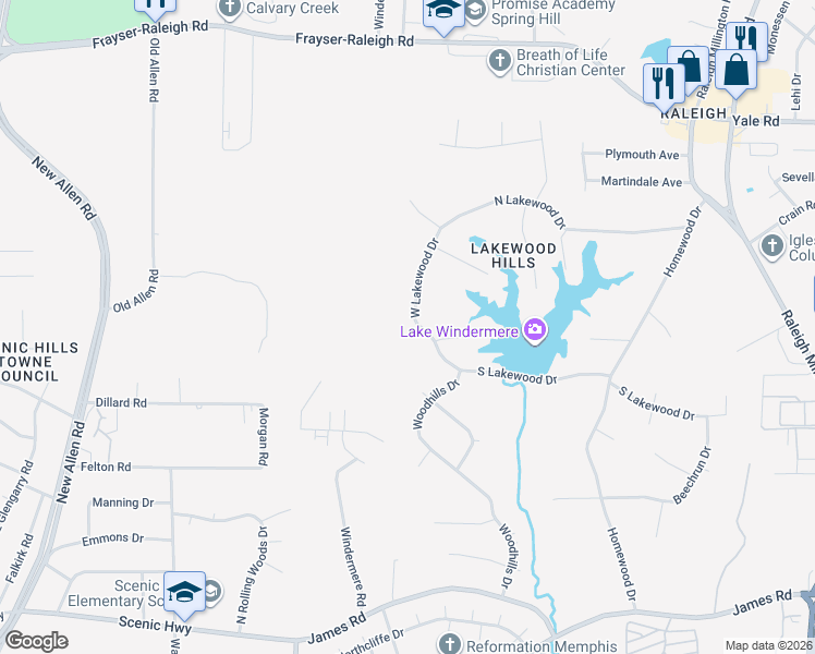 map of restaurants, bars, coffee shops, grocery stores, and more near 3251 West Lakewood Drive in Memphis