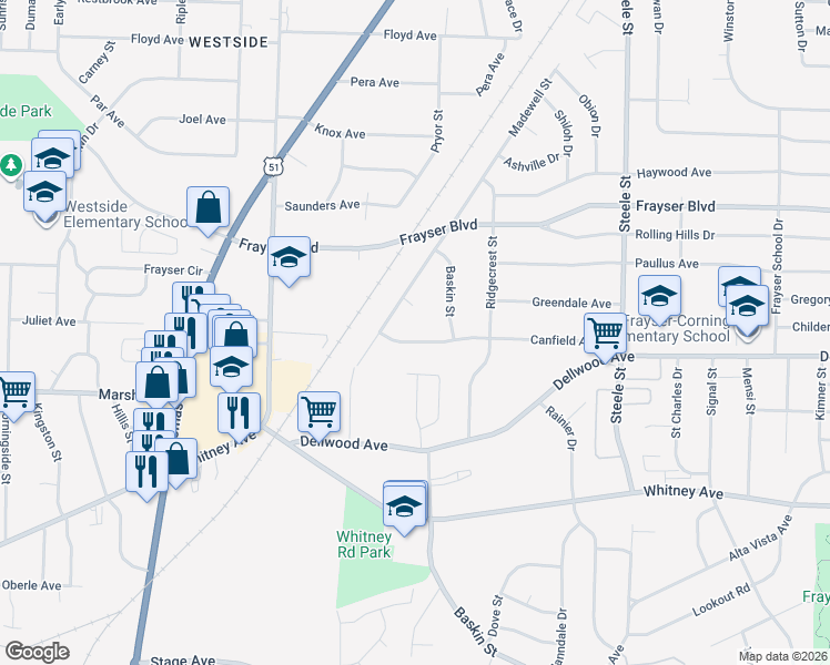 map of restaurants, bars, coffee shops, grocery stores, and more near 1236 Canfield Avenue in Memphis