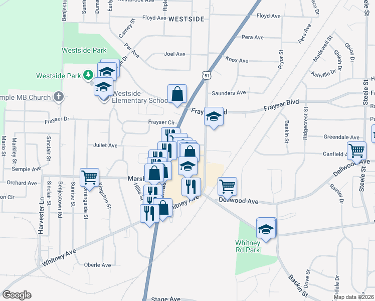 map of restaurants, bars, coffee shops, grocery stores, and more near 1017 Cindy Lane in Memphis