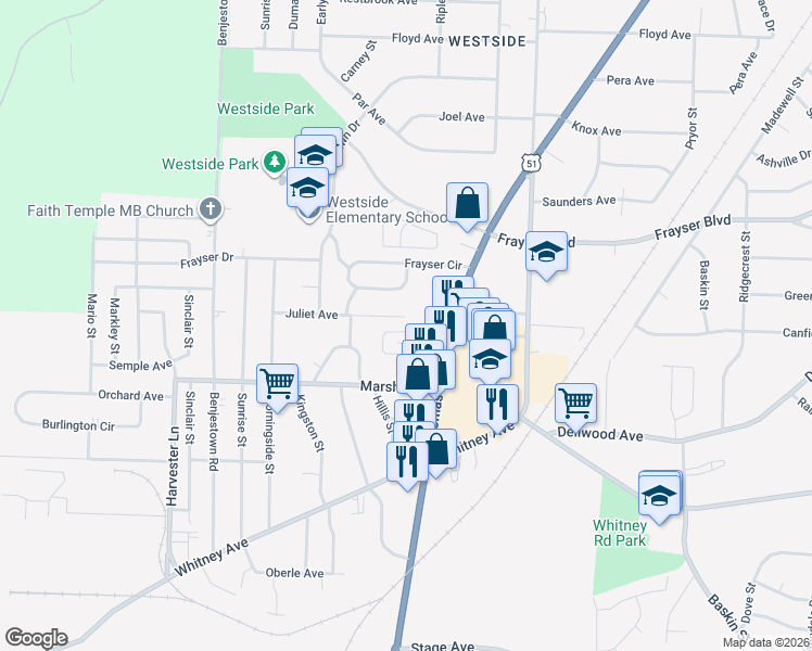 map of restaurants, bars, coffee shops, grocery stores, and more near 913 Juliet Avenue in Memphis