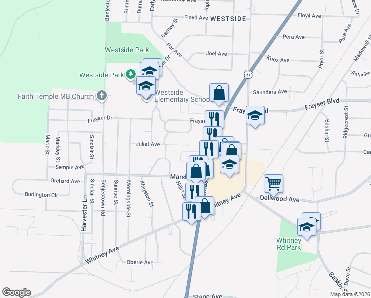 map of restaurants, bars, coffee shops, grocery stores, and more near 879 Juliet Avenue in Memphis