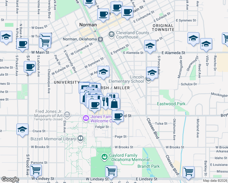 map of restaurants, bars, coffee shops, grocery stores, and more near in Norman