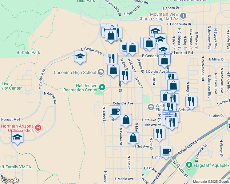 map of restaurants, bars, coffee shops, grocery stores, and more near 2608 North West Street in Flagstaff