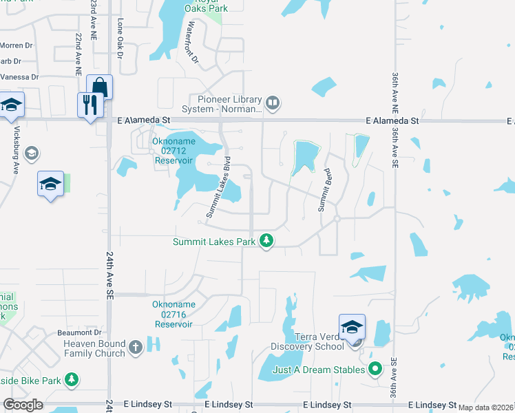 map of restaurants, bars, coffee shops, grocery stores, and more near 420 Misty Ridge Drive in Norman