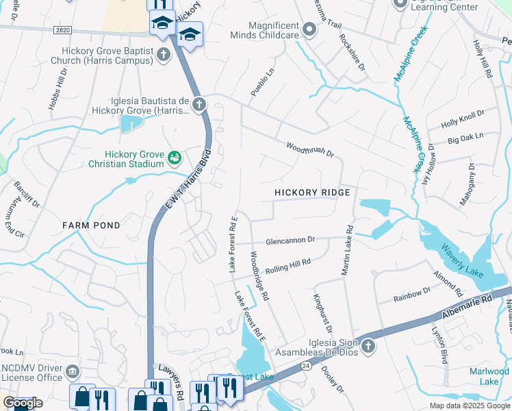 map of restaurants, bars, coffee shops, grocery stores, and more near 6000 Long Pine Drive in Charlotte