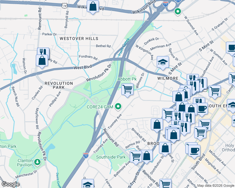 map of restaurants, bars, coffee shops, grocery stores, and more near 2227 Fairway Ln in Charlotte
