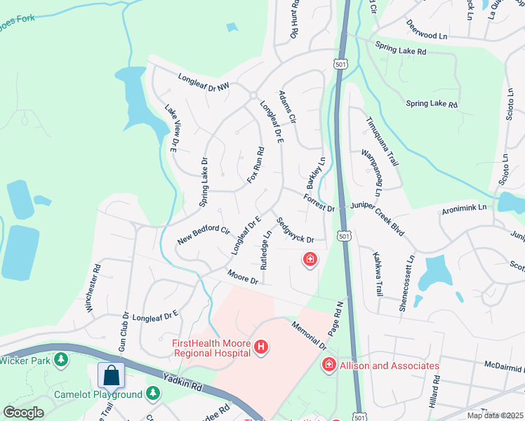 map of restaurants, bars, coffee shops, grocery stores, and more near 1570 Longleaf Drive East in Pinehurst