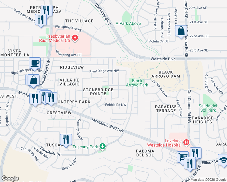 map of restaurants, bars, coffee shops, grocery stores, and more near 10832 Cobalt Drive Northwest in Albuquerque