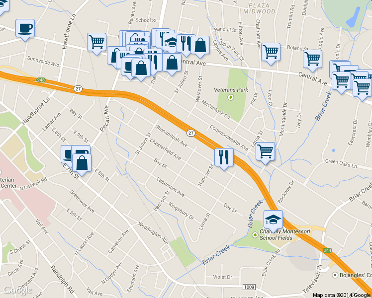 map of restaurants, bars, coffee shops, grocery stores, and more near 2328 Shenandoah Avenue in Charlotte