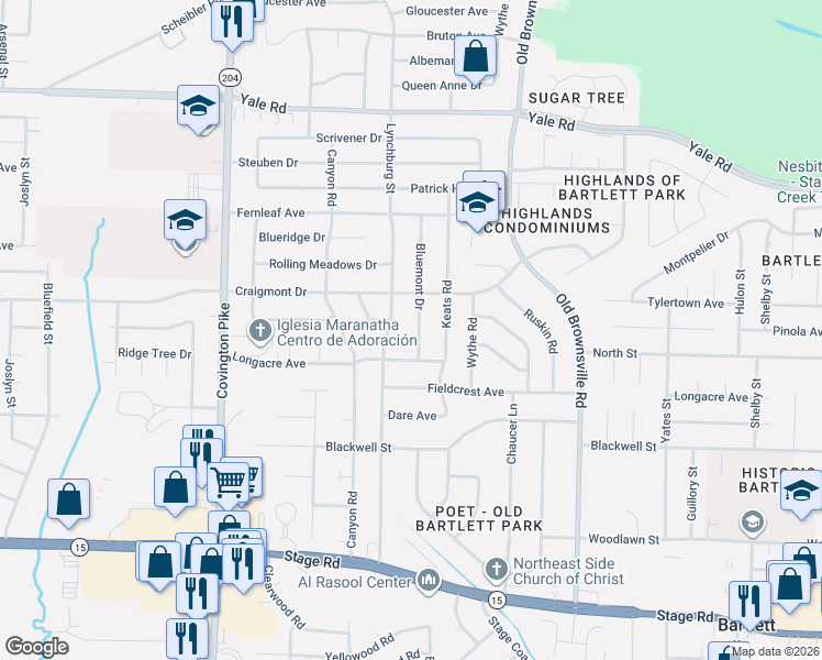 map of restaurants, bars, coffee shops, grocery stores, and more near 3238 Lynchburg Street in Memphis