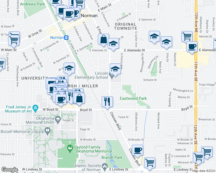 map of restaurants, bars, coffee shops, grocery stores, and more near 1012 Classen Boulevard in Norman