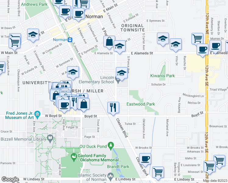 map of restaurants, bars, coffee shops, grocery stores, and more near 1010 Classen Boulevard in Norman
