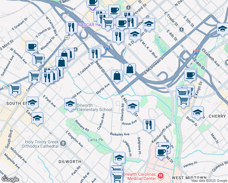 map of restaurants, bars, coffee shops, grocery stores, and more near 828 East Morehead Street in Charlotte
