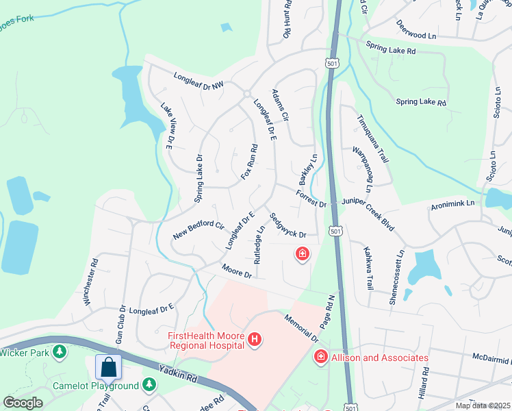 map of restaurants, bars, coffee shops, grocery stores, and more near 1570 Longleaf Drive East in Pinehurst