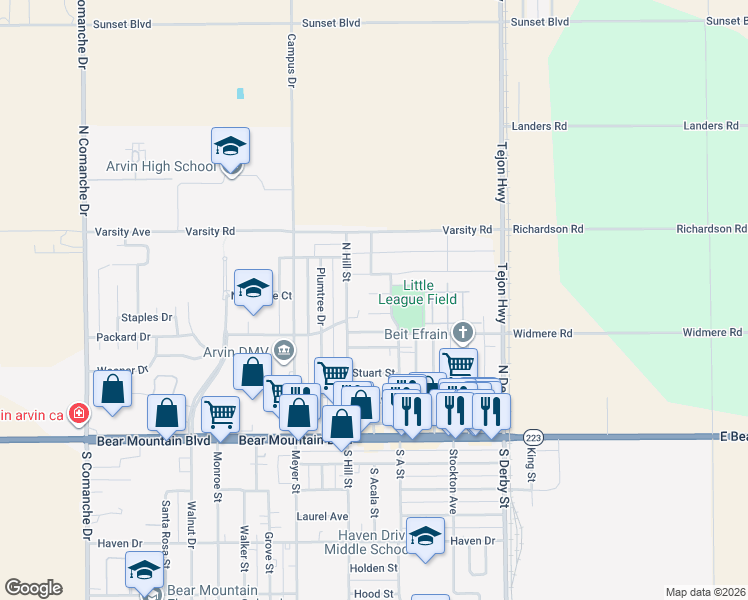 map of restaurants, bars, coffee shops, grocery stores, and more near 433 Simpson Street in Arvin