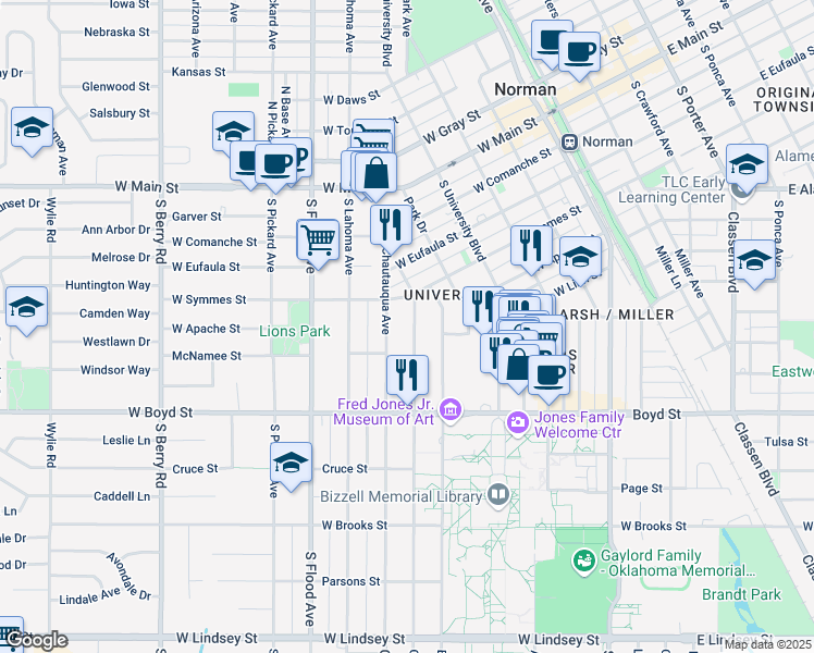 map of restaurants, bars, coffee shops, grocery stores, and more near 424 College Avenue in Norman