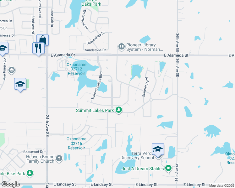 map of restaurants, bars, coffee shops, grocery stores, and more near 420 Misty Ridge Drive in Norman