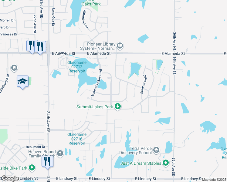 map of restaurants, bars, coffee shops, grocery stores, and more near 420 Misty Ridge Drive in Norman