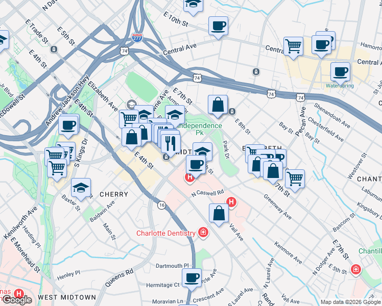 map of restaurants, bars, coffee shops, grocery stores, and more near 250 Hawthorne Lane in Charlotte