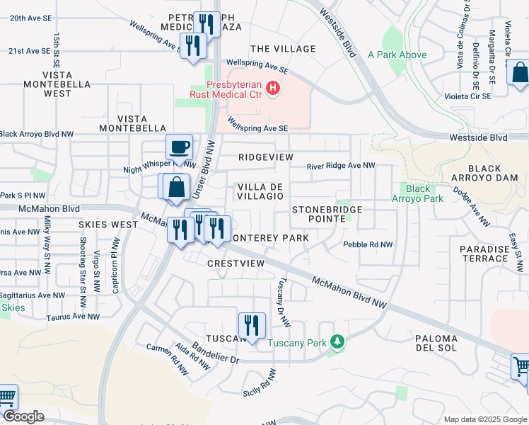 map of restaurants, bars, coffee shops, grocery stores, and more near 10820 Monterey Bay Court Northwest in Albuquerque