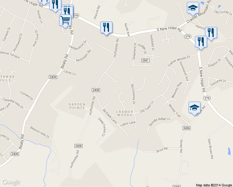 map of restaurants, bars, coffee shops, grocery stores, and more near 5633 Old Town Ln in Gastonia