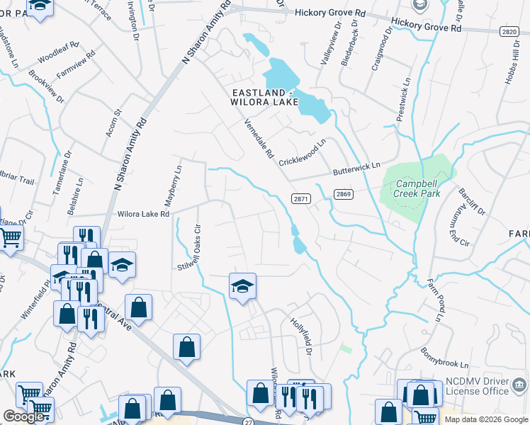map of restaurants, bars, coffee shops, grocery stores, and more near 5801 Palmer Dr in Charlotte