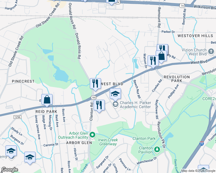 map of restaurants, bars, coffee shops, grocery stores, and more near 1918 West Boulevard in Charlotte