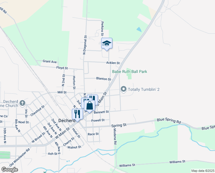 map of restaurants, bars, coffee shops, grocery stores, and more near 109 North Bratton Street in Decherd