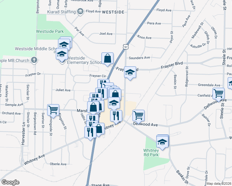 map of restaurants, bars, coffee shops, grocery stores, and more near 1017 Cindy Lane in Memphis