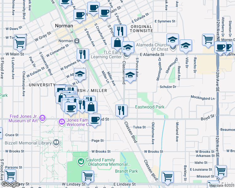 map of restaurants, bars, coffee shops, grocery stores, and more near 912 Miller Avenue in Norman