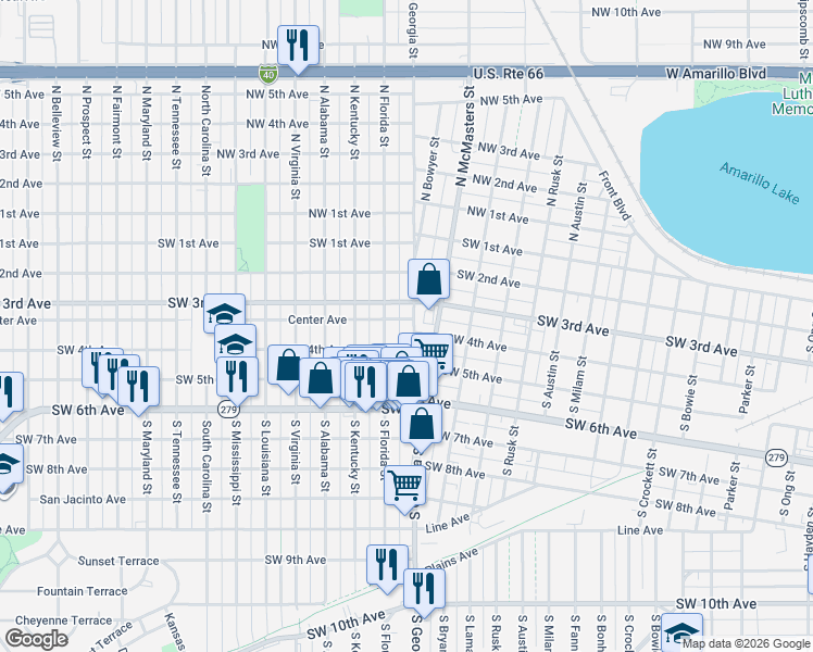map of restaurants, bars, coffee shops, grocery stores, and more near 308 South Georgia Street in Amarillo