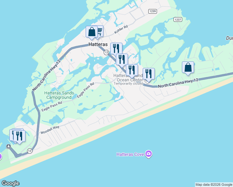 map of restaurants, bars, coffee shops, grocery stores, and more near 57212 Flambeau Road in Manns Harbor