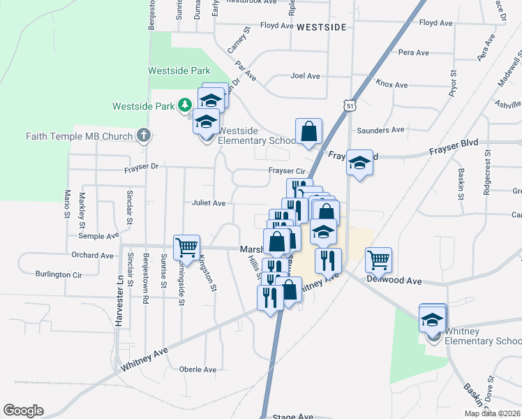 map of restaurants, bars, coffee shops, grocery stores, and more near 879 Juliet Avenue in Memphis