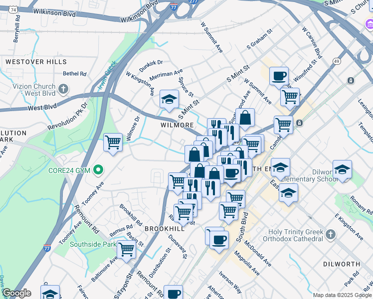 map of restaurants, bars, coffee shops, grocery stores, and more near 1904 Wilmore Walk Drive in Charlotte
