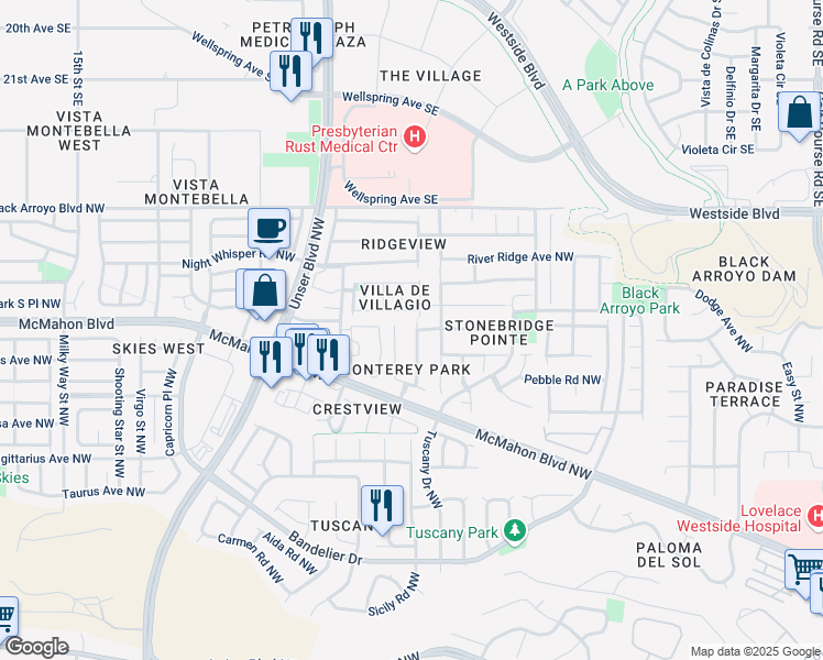 map of restaurants, bars, coffee shops, grocery stores, and more near 10820 Monterey Bay Court Northwest in Albuquerque