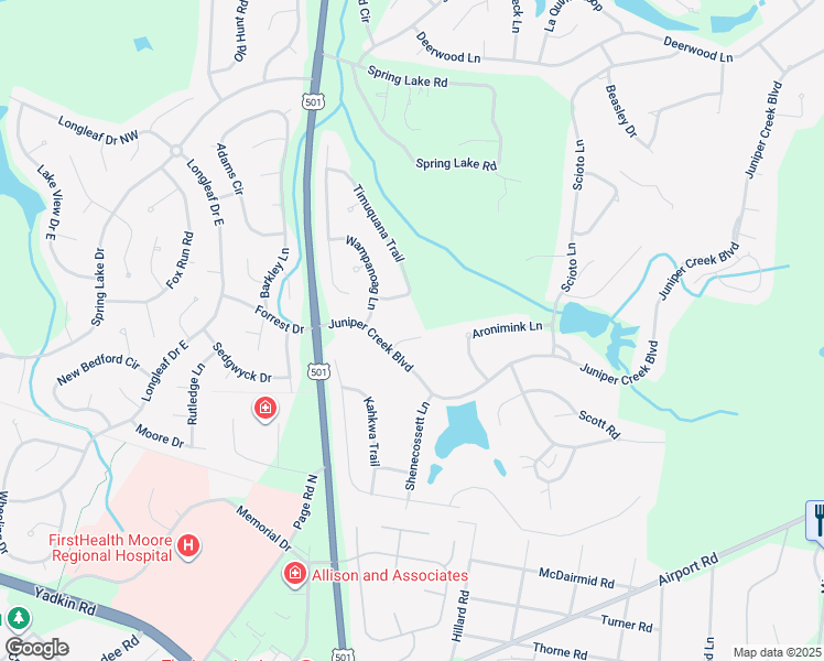 map of restaurants, bars, coffee shops, grocery stores, and more near 7 Sedgefield Lane in Pinehurst