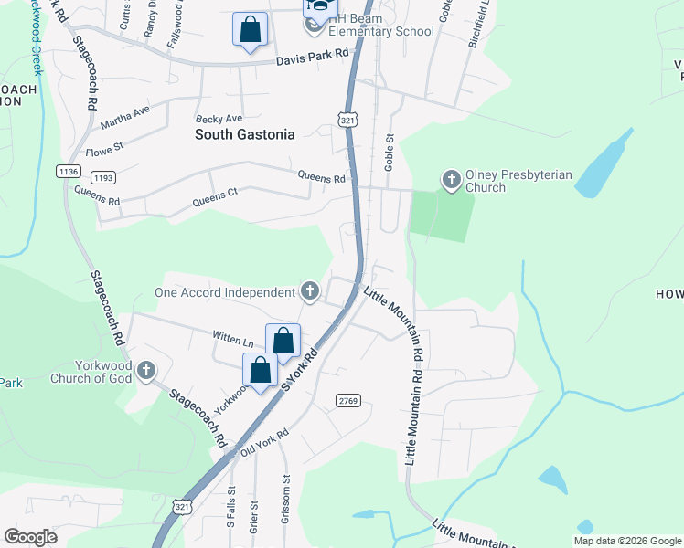 map of restaurants, bars, coffee shops, grocery stores, and more near 109 Ridge Circle in Gastonia