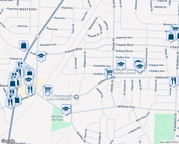 map of restaurants, bars, coffee shops, grocery stores, and more near 1336 Canfield Avenue in Memphis