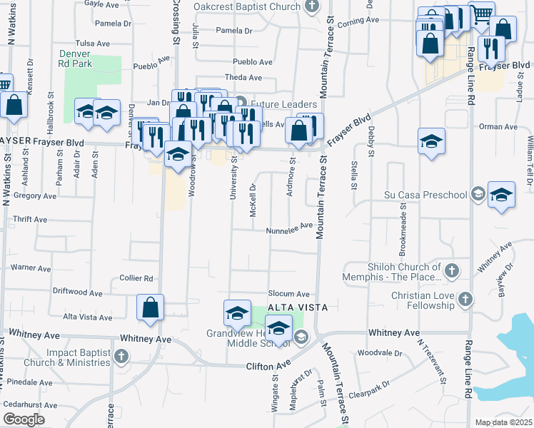 map of restaurants, bars, coffee shops, grocery stores, and more near 3237 Boone Street in Memphis